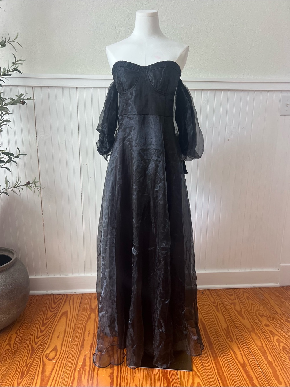 Lulus Black Organza Maxi Dress‎ L NWT Off Shoulder Puff Sleeve Wedding Fairygoth